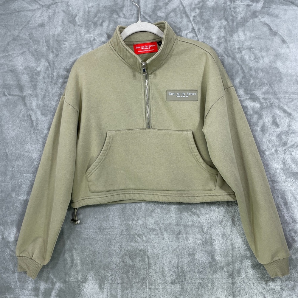 Don't Eat The Homies  Cropped Sweatshirt Women's Size S Green 1/4 Zip Mock Neck